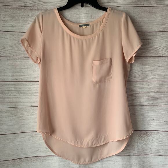 Pleione Light Pink Blouse Short Sleeve Hi Low Pocket Size Small - Picture 1 of 10